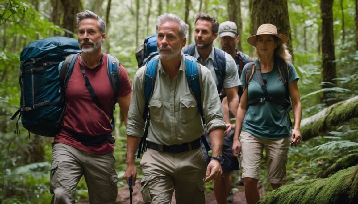 A group of people aged 50 and above staying healthy and active by hiking in the forest.