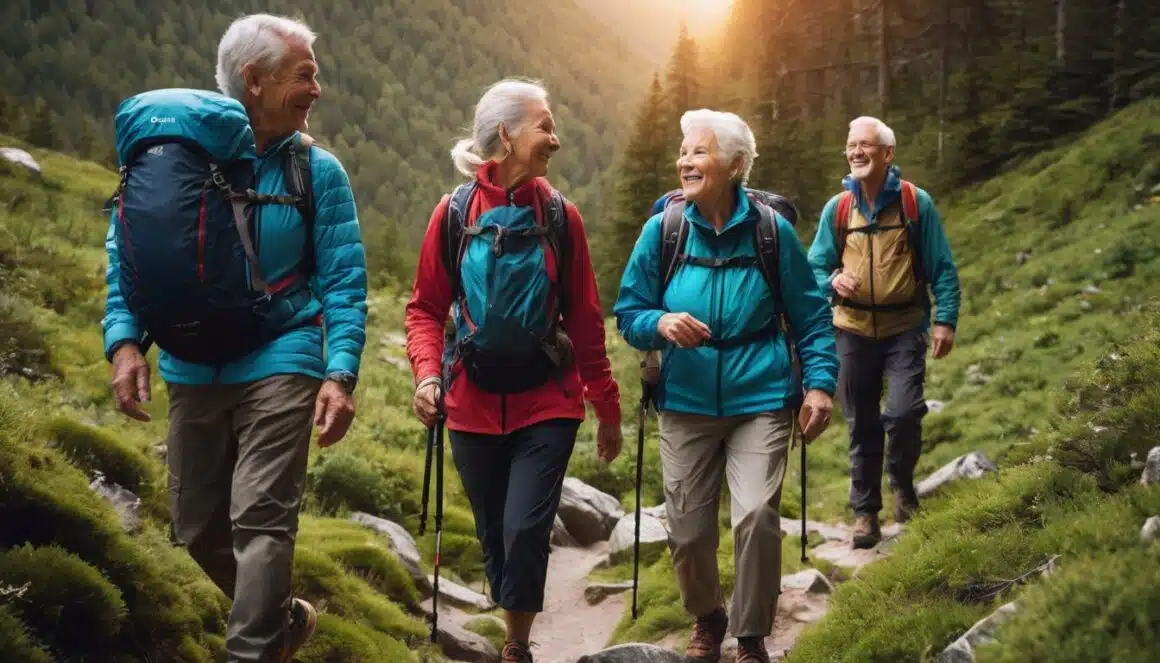 Elderly hikers showcasing physical wellness and vitality in the mountains.