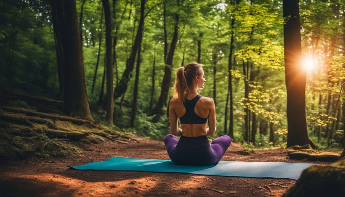 A middle-aged woman practices yoga in the serene forest at sunset, promoting her health and staying active after 50.