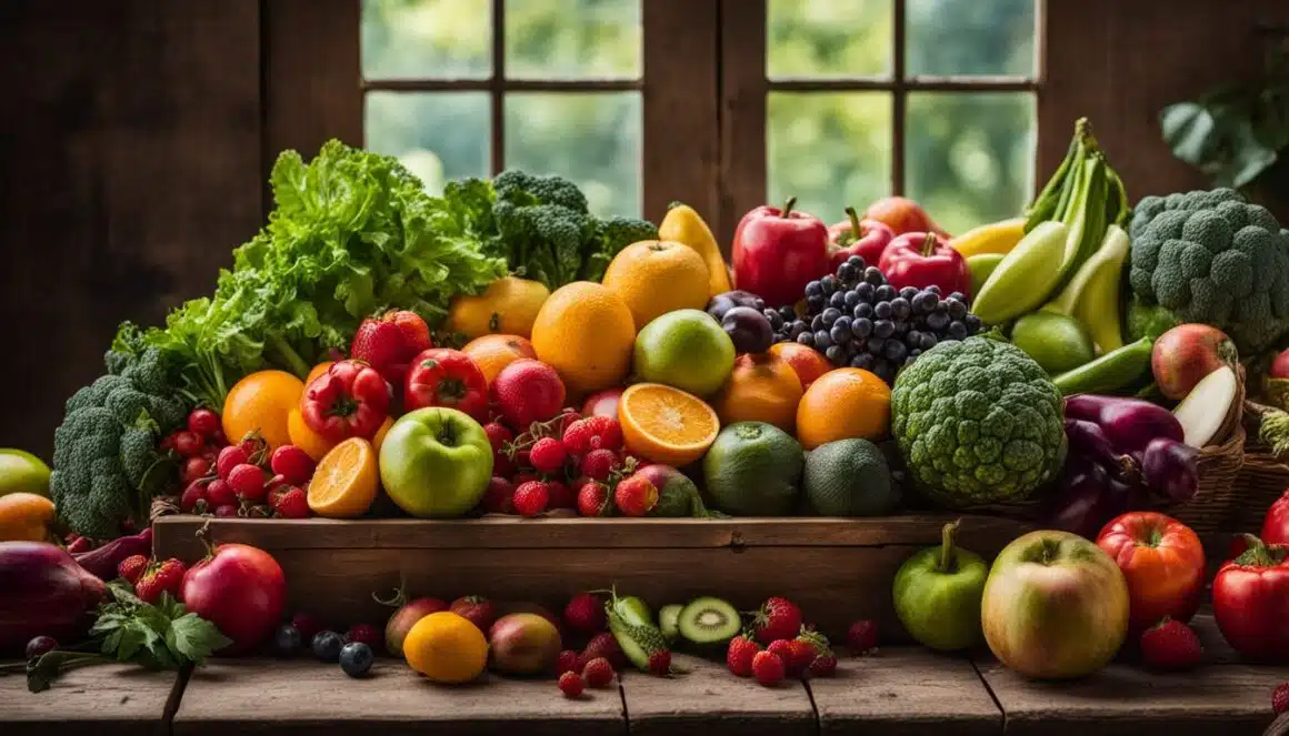 A diverse selection of fresh fruits and vibrant vegetables displayed on a rustic wooden table, promoting healthy living for individuals over 50.