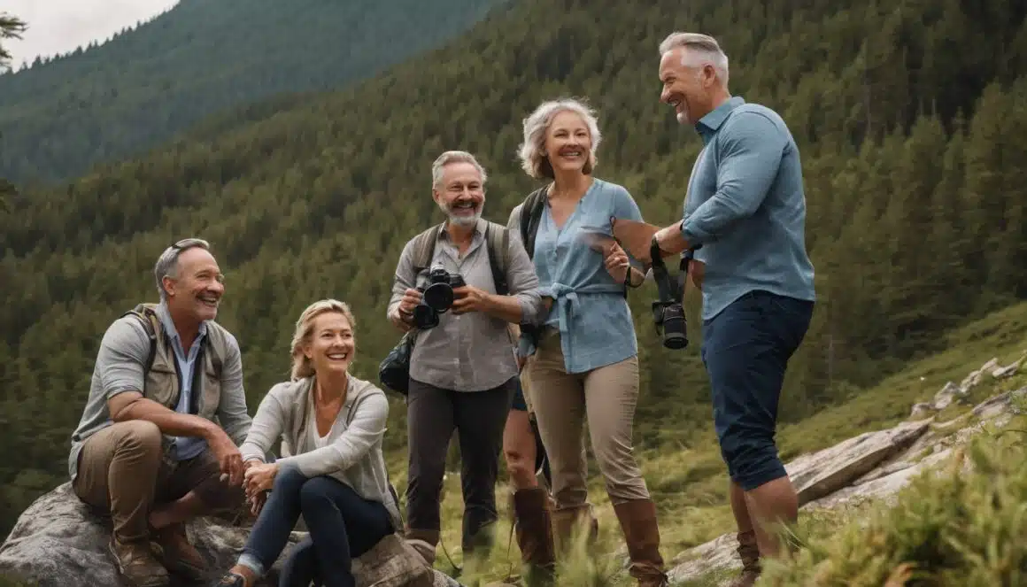 Healthier lifestyle after 50. A group of people taking pictures in the mountains.