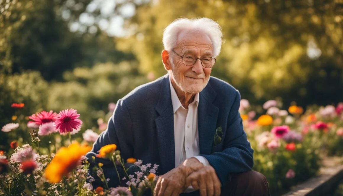 An elderly man practicing healthy habits in a garden, promoting mental well-being.