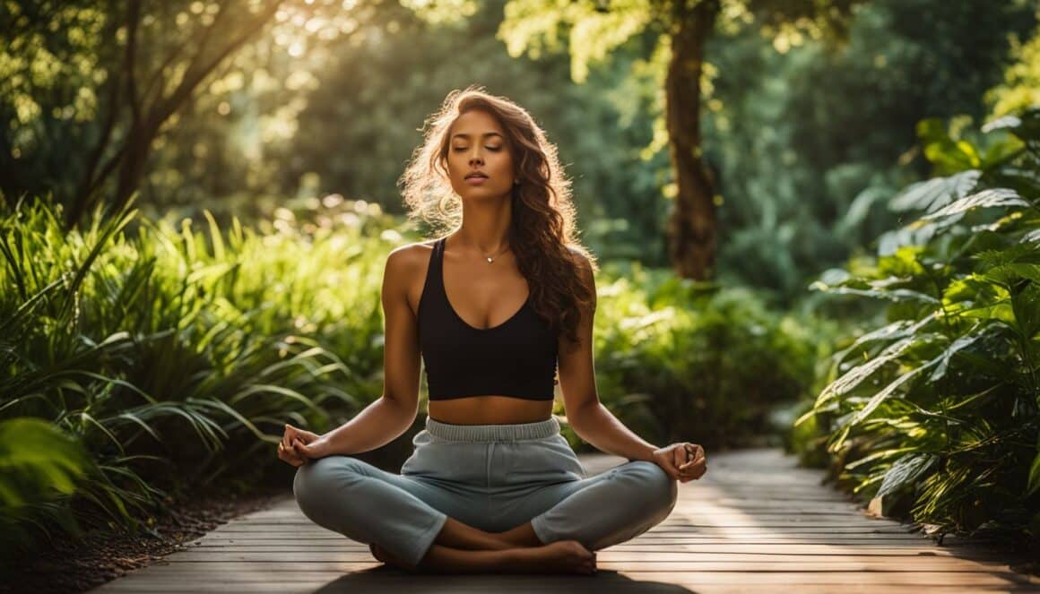 A woman meditating in the woods.