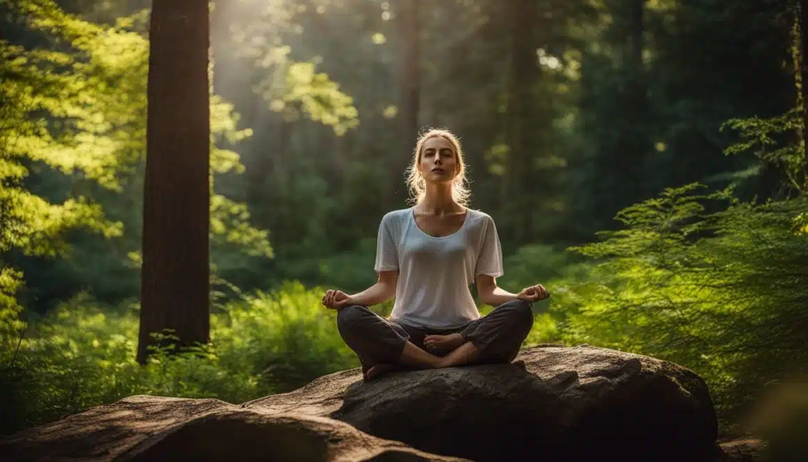 Woman meditating in the forest.