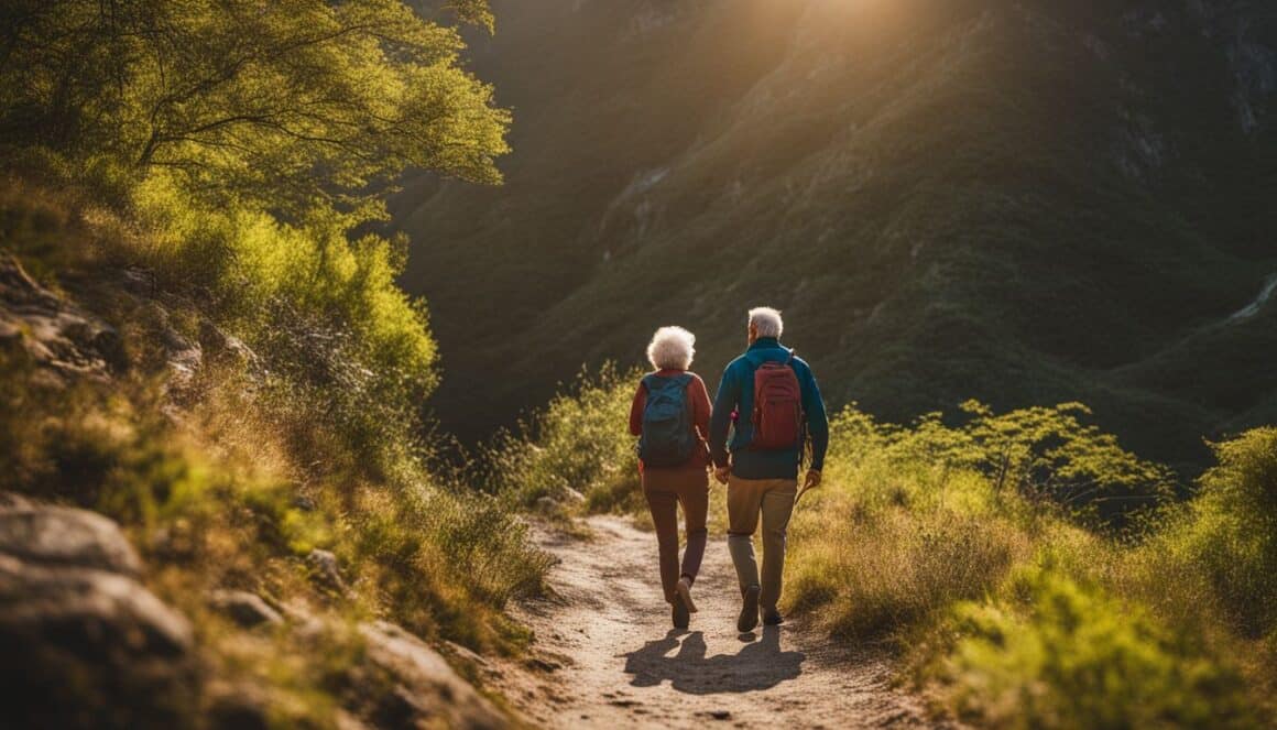 A couple enjoying a Healthier lifestyle after 50 hiking on a trail in the mountains.