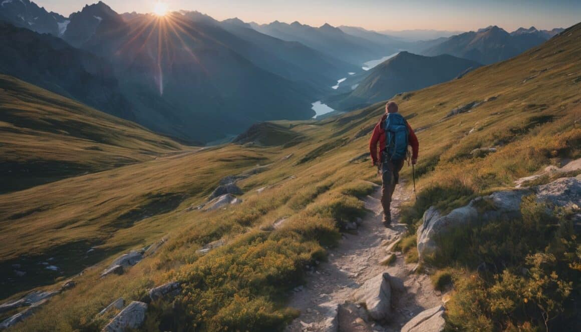 A man hiking in the mountains at sunset.