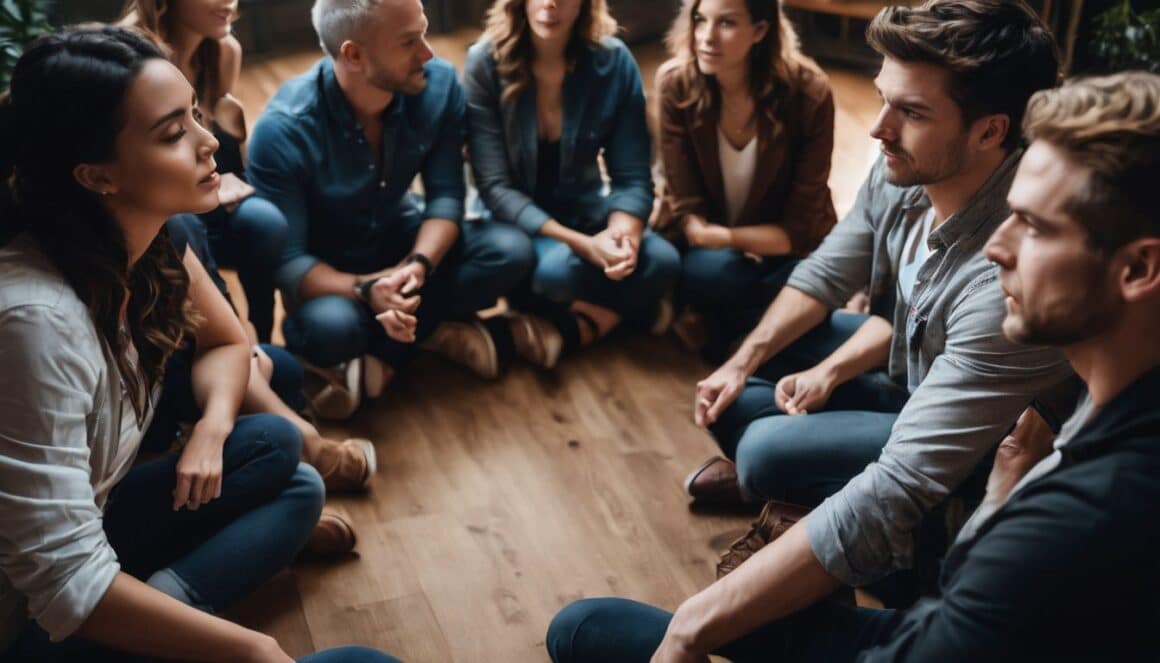 A group of people sitting in a circle building professional connections.